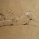 Original Black and White Conte Crayon Drawing Nude Reclining Female Art LJT