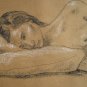Original Black and White Conte Crayon Drawing Nude Reclining Female Art LJT