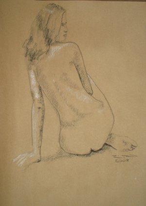 Original Black and White Conte Crayon Drawing Seated Nude Female on brown paper Art by LJT