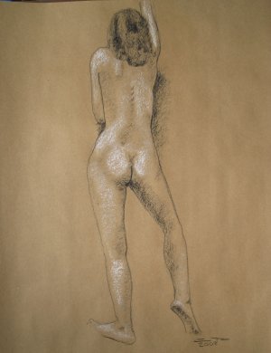 Original Conte Crayon Drawing Nude Standing Female Rear View Art by LJT