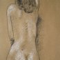Original Conte Crayon Drawing Nude Standing Female Rear View Art by LJT