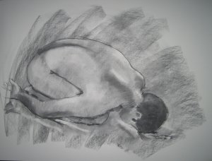 Abstract Original Charcoal Drawing Nude Male Yoga Child's Pose Art by LJT