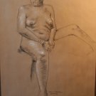 Original Black and White Conte Crayon Drawing Seated Voluptuous African American Female Nude Art LJT