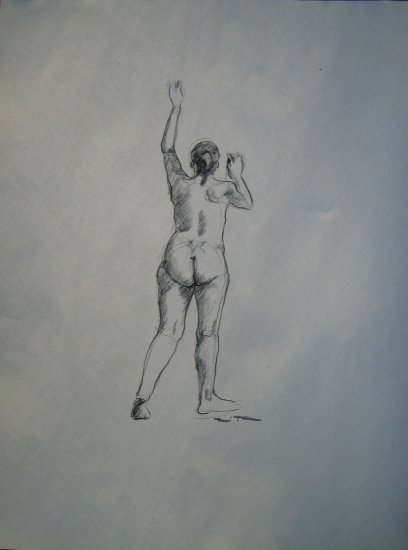 Original Charcoal Drawing Standing Female Nude Rear View Art by LJT