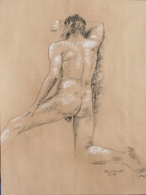 Original black and white conte crayon life drawing Rear View male art by LJT