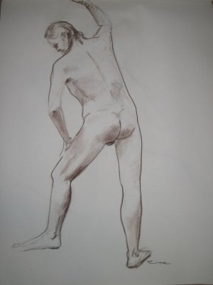 Original Brown Conte Crayon Drawing Muscular Nude Male Standing Arm Raised Art by LJT