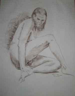 Original Brown Conte Crayon Drawing Nude Bearded Male Sitting on Floor with Legs Bent Art by LJT