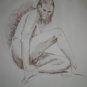 Original Brown Conte Crayon Drawing Nude Bearded Male Sitting on Floor with Legs Bent Art by LJT