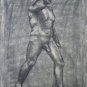Original Charcoal Drawing Muscular Nude Male Standing Arm Raised Art by LJT