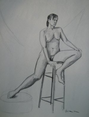 Original Charcoal Drawing Seated Female Nude Front View Art by LJT