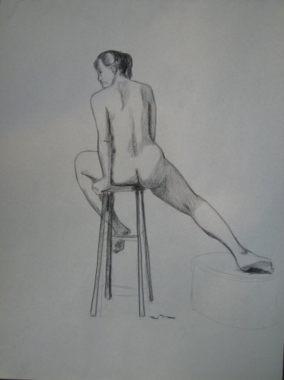 Original Charcoal Drawing Seated Female Nude Rear View Art by LJT