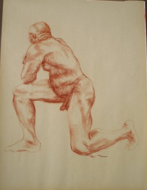Original Conte Crayon Nude Life Drawing Large Muscular Male Kneeling Art by LJT