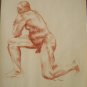 Original Conte Crayon Nude Life Drawing Large Muscular Male Kneeling Art by LJT
