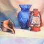 Original Oil Painting Still Life Blue Glass Vase Lantern Shell Stretched Canvas Art by LJT