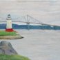 Original Oil Landscape Painting Lighthouse Hudson River Tapan Zee Bridge Palisades Art by LJT