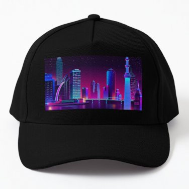 Synthwave Neon City Baseball Cap Casquette Hat Black Mens