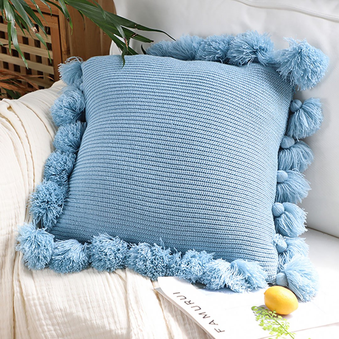 SOGA 2X 45cm Textured Pillowcase with Pom-Pom Trim (Sky Blue)