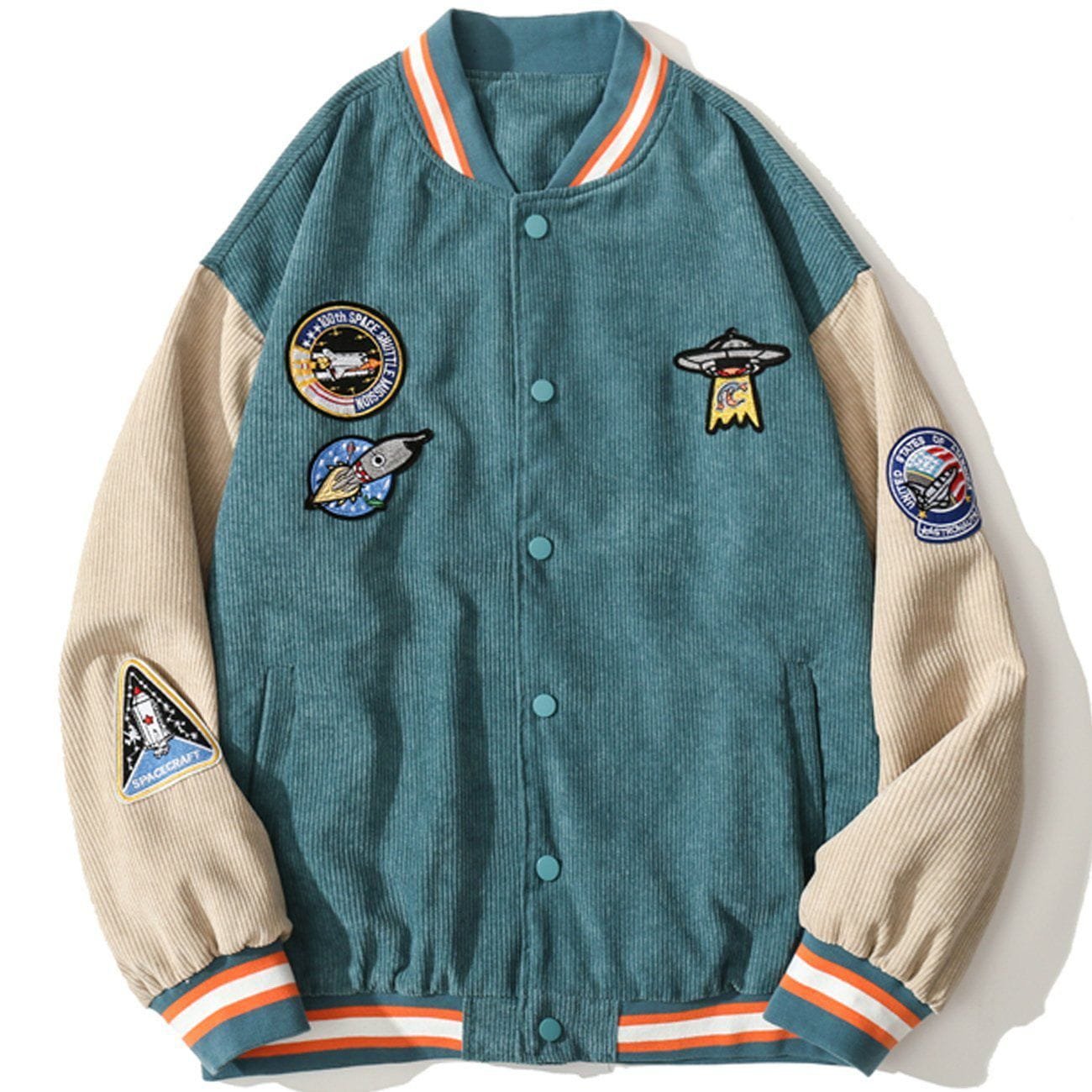 Rocket Spaceship Labeled Embroidery Corduroy Jacket