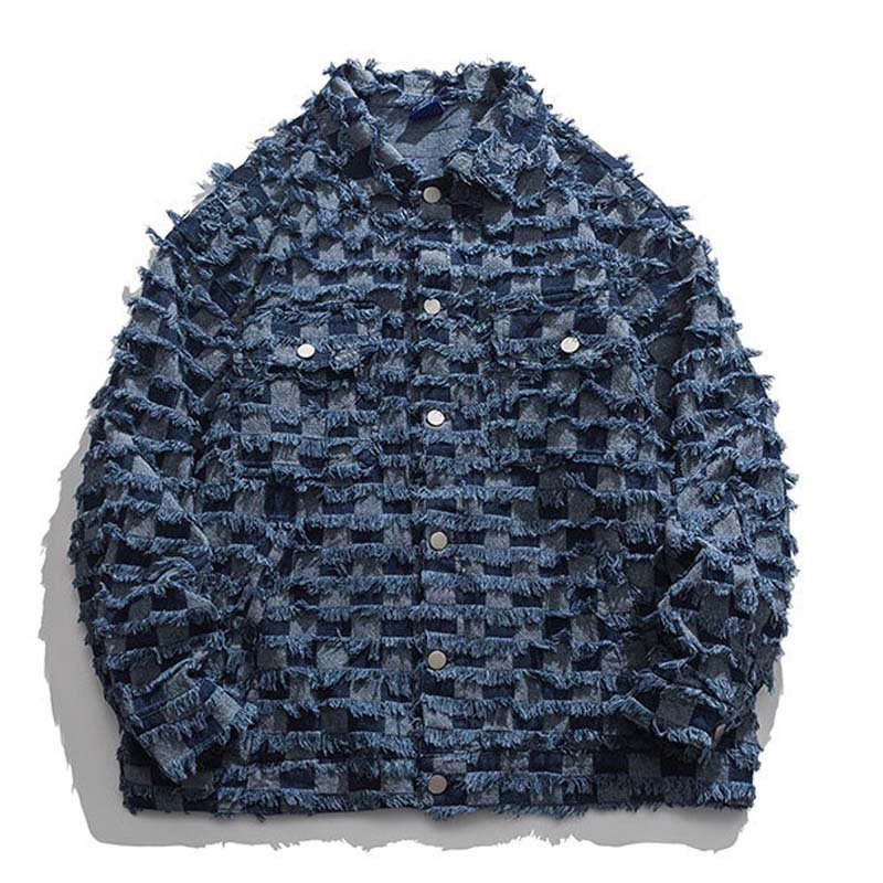 Denim Shearing Chessboard Tassel Craft Lapel Jacket