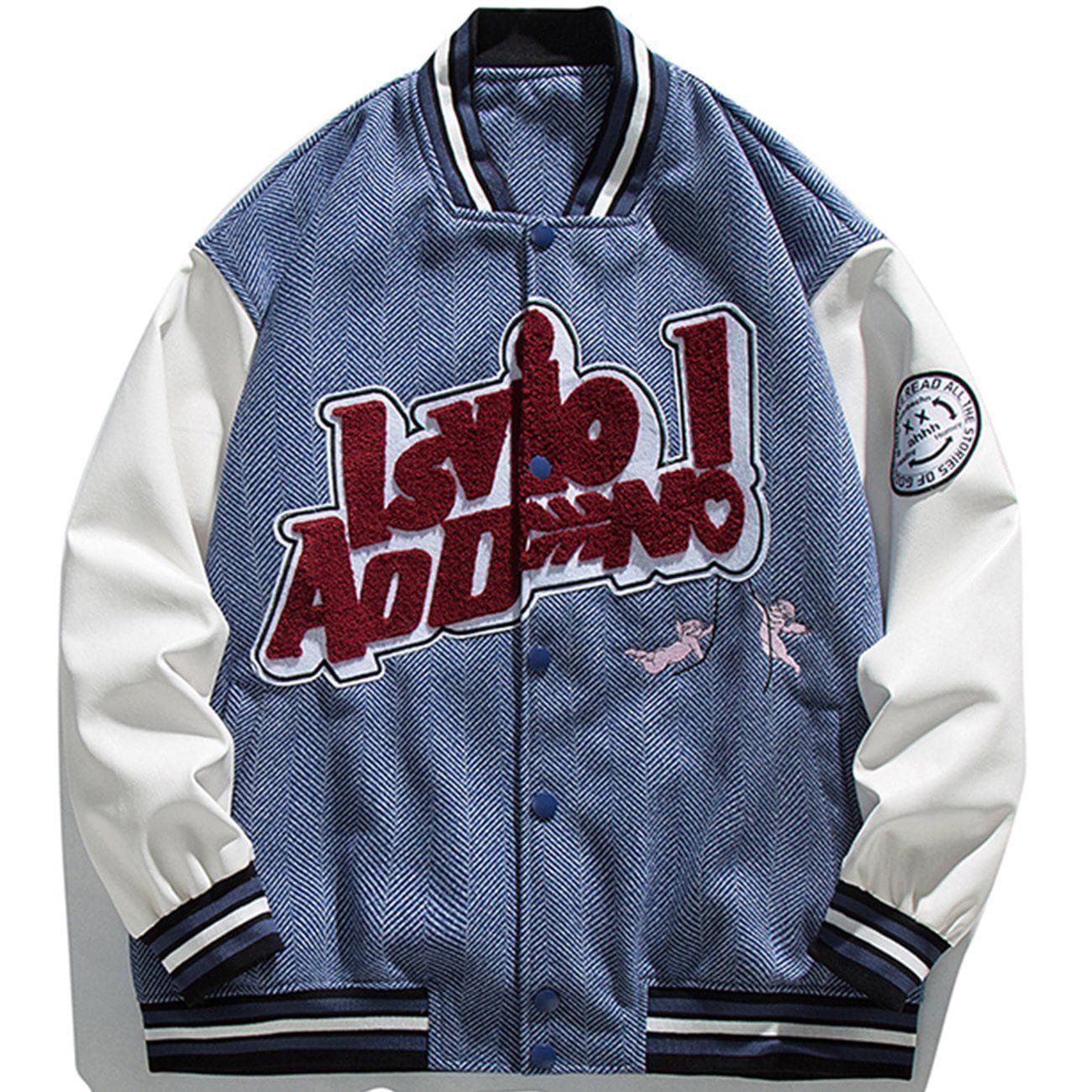 Angel Baby Embroidery Embroidery PU Varsity Jacket