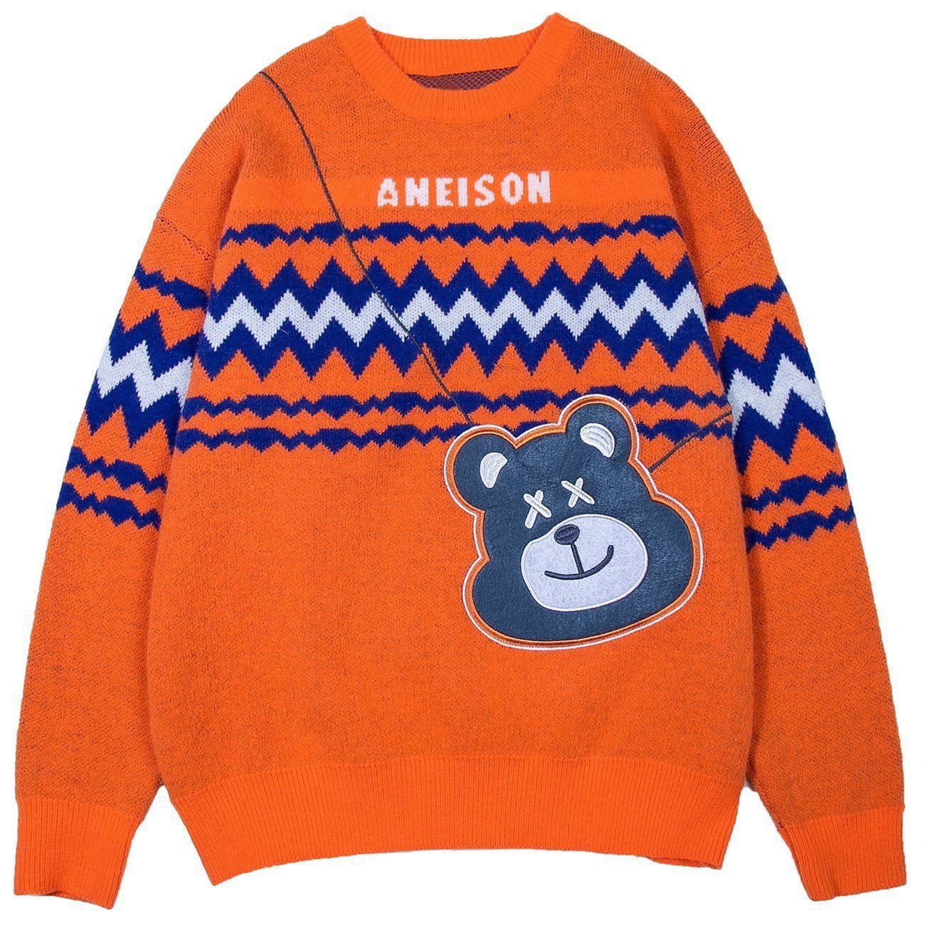 Bear Bag Pattern Stitching Knit Sweater