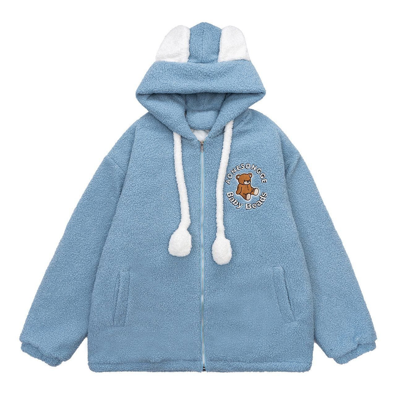 Bear Embroidered Ear Decoration Sherpa Winter Coat