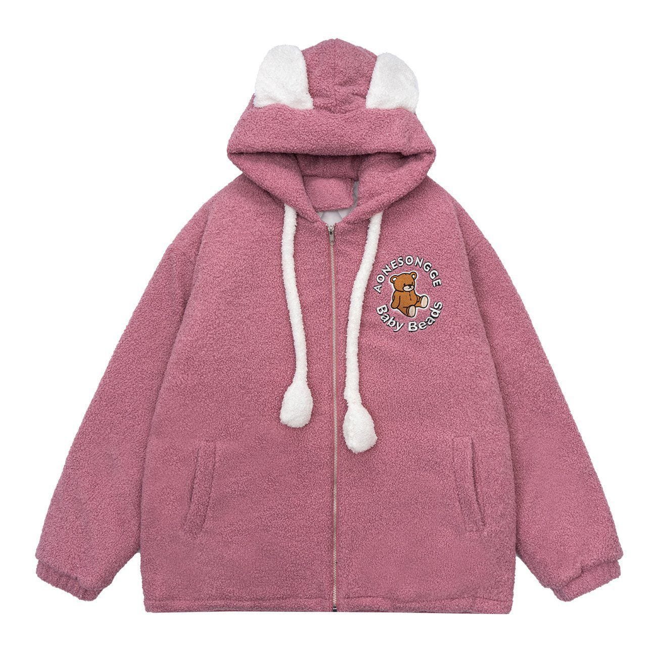 Bear Embroidered Ear Decoration Sherpa Winter Coat