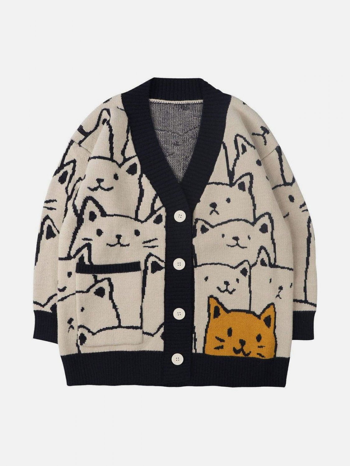 Cartoon Cat Print Knit Cardigan