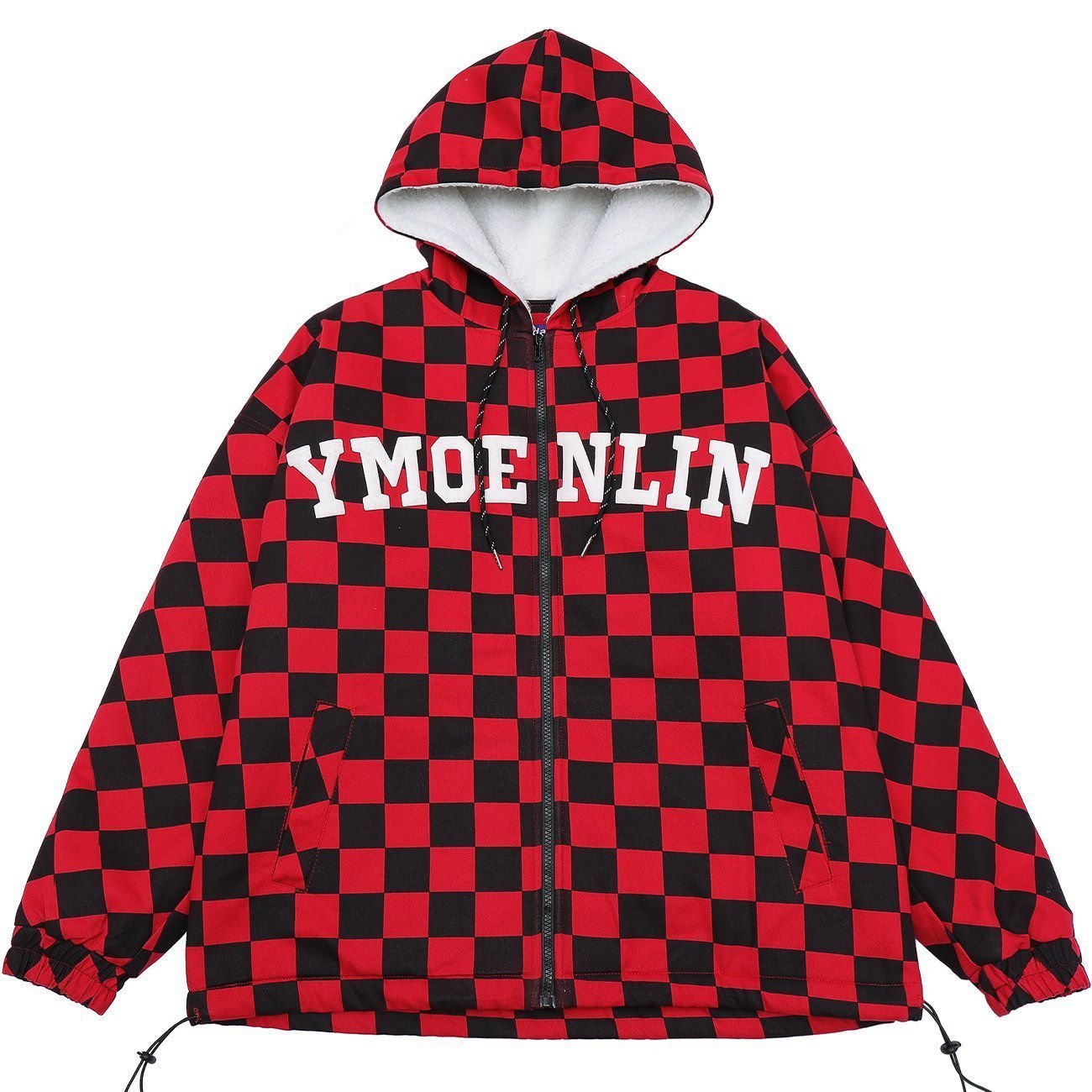 Checkerboard Drawstring Zip Up Hooded Puffer Jacket