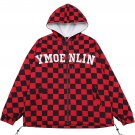 Checkerboard Drawstring Zip Up Hooded Puffer Jacket