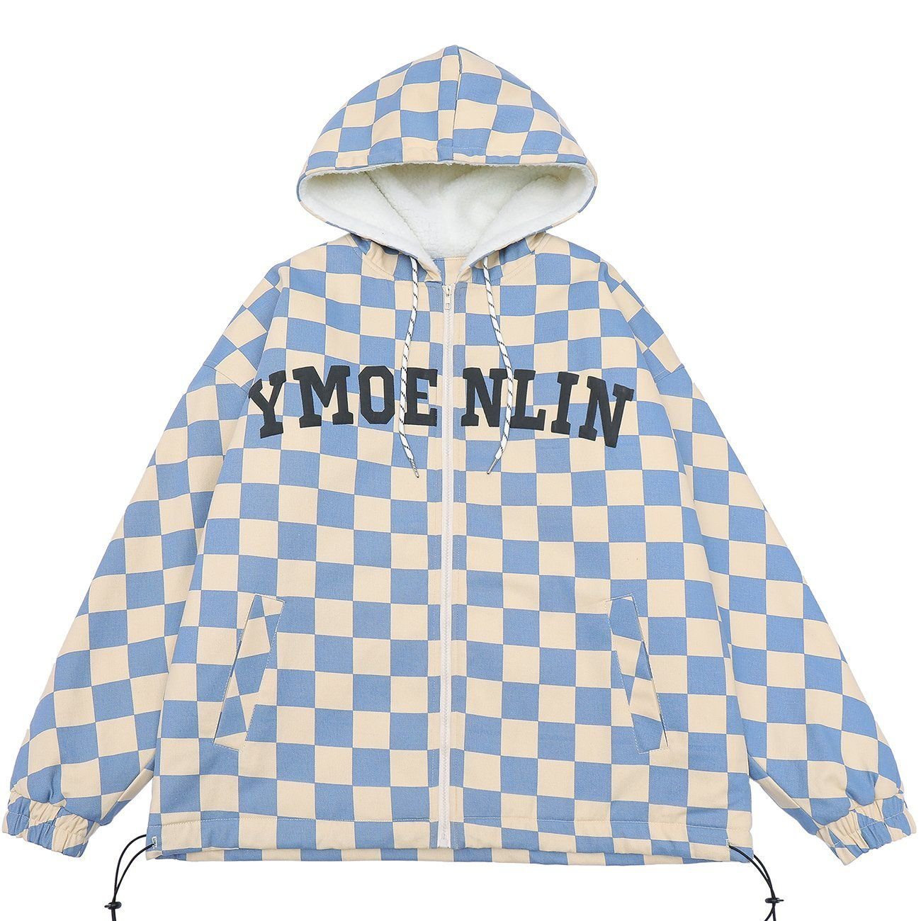Checkerboard Drawstring Zip Up Hooded Puffer Jacket