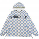 Checkerboard Drawstring Zip Up Hooded Puffer Jacket