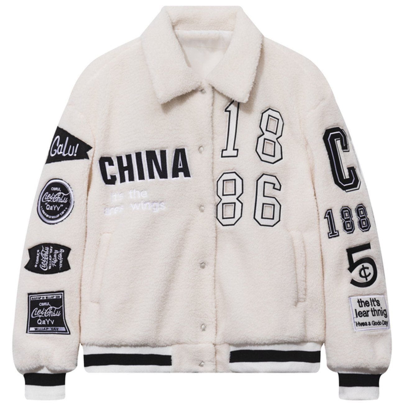 Color Block Pattern Embroidery Lambskin Jacket