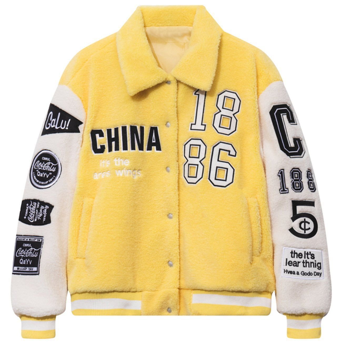 Color Block Pattern Embroidery Lambskin Jacket