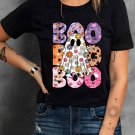 Black BOO Floral Ghost Print Crew Neck Halloween T Shirt