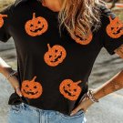 Black Glittering Pumpkin Face Graphic Crewneck Halloween T Shirt Black Glittering Pumpkin Face Graphic Crewneck Halloween T Shirt
