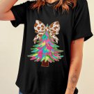 Black Heat Transfer Printing Christmas Tree Bowknot T Shirt Black Heat Transfer Printing Christmas Tree Bowknot T Shirt