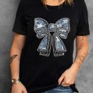 Black Rhinestone Bowknot Graphic Crewneck T Shirt Black Rhinestone Bowknot Graphic Crewneck T Shirt