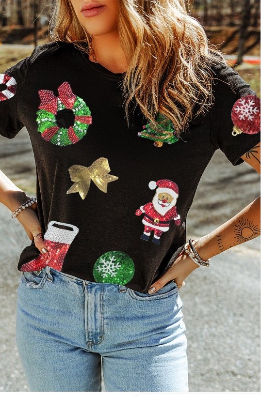 Black Sequin Christmas Essentials Graphic Crewneck T Shirt