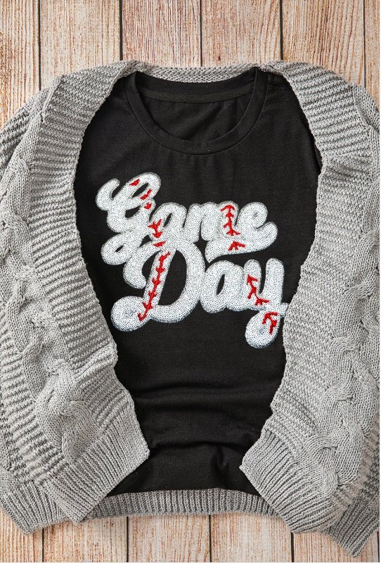 Black Sequin Game Day Graphic Crew Neck Tee