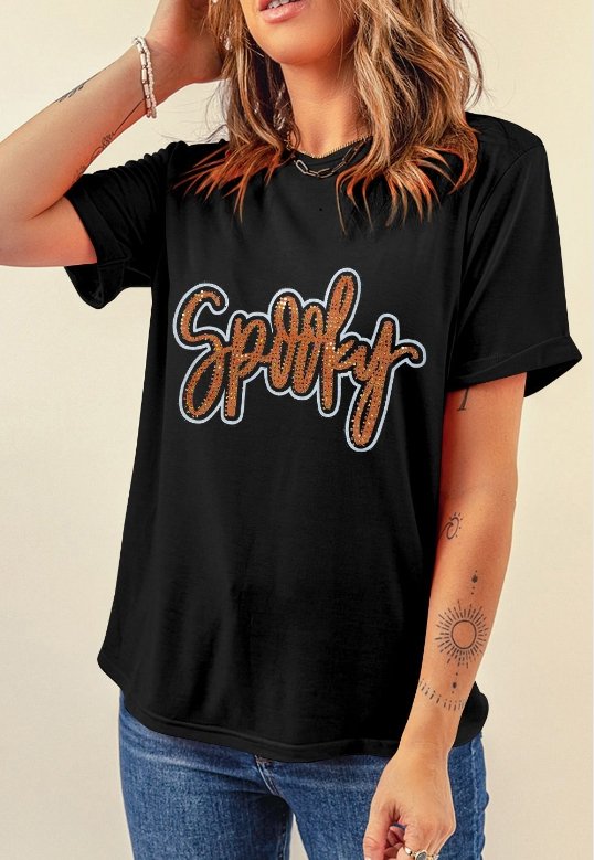 Black Spooky Rhinestone Crew Neck Graphic Tee