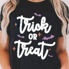 Black Trick Or Treat Bat Print Crew Neck Halloween T Shirt