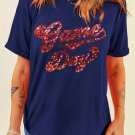 Blue Glittering Game Day Graphic Cuffed Sleeve Crew Neck T Shirt