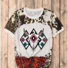 Dark Brown Western Aztec Steer Head Bleached Round Neck T Shirt