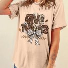 Khaki GIVE THANKS Bowknot Printed Crewneck T Shirt Khaki GIVE THANKS Bowknot Printed Crewneck T Shirt