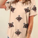 Khaki Sequined Turkey Patched Pattern Crewneck Thanksgiving T Shirt Khaki Sequined Turkey Patched Pattern Crewneck Thanksgiving T Shirt