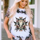 Leopard Western Steer Head Aztec Leopard Print Crew Neck Tee Leopard Western Steer Head Aztec Leopard Print Crew Neck Tee