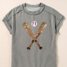 Medium Grey Sequin Baseball Pattern Corded Crewneck T Shirt