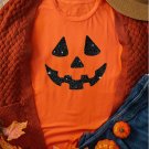 Orange Glittering Pumpkin Face Graphic Crewneck T Shirt