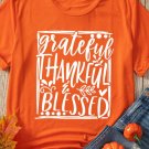 Orange Grateful Thankful Blessed Printed Thanksgiving T Shirt